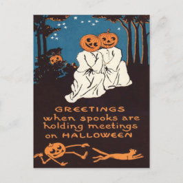 Pumpa Jack O' Lantern Spöke Svart Katt Träd Vykort