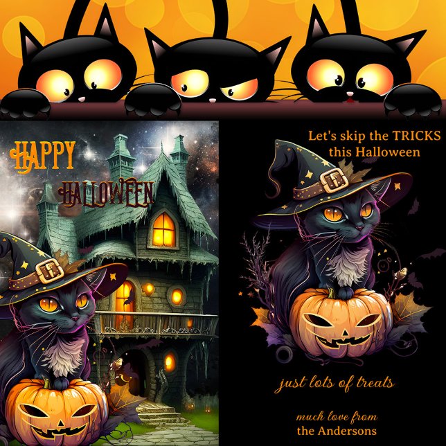 Pumpa Katt Fantasy Halloween Semesterkort Julkort (Halloween card featuring a kitty wearing a witch hat, with a pumpkin and haunted house with bats)