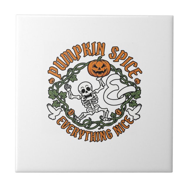 Pumpa Krydda Allt Gott Halloween Skelett V Kakelplatta (Framsidan)
