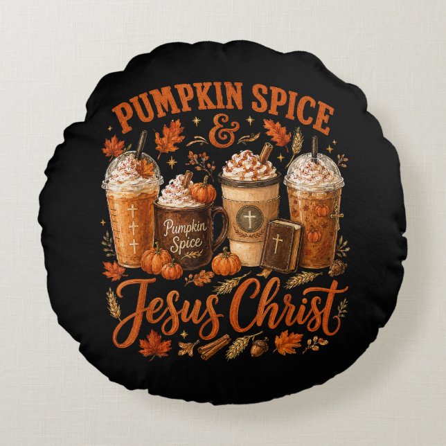 Pumpa Krydda Och Jesus Kristus Kristna Höst Rund Kudde (Framsidan)