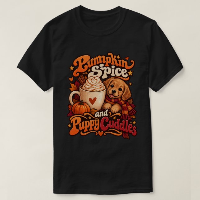 Pumpa Krydda och Valpkramar Mysig Höst Hund T Shirt (Design framsida)