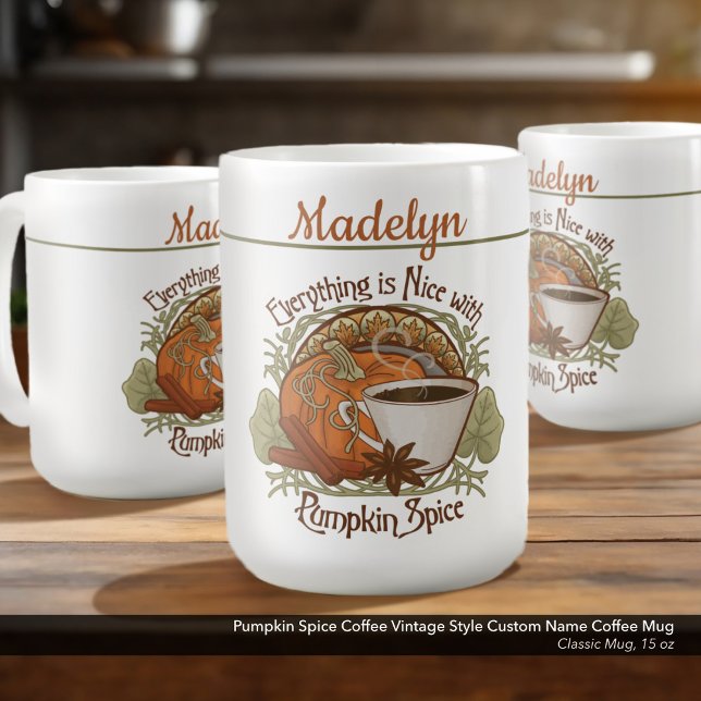 Pumpa Kryddkaffe i Vintage Stil Anpassat Namn Kaffemugg (Pumpkin Spice Coffee Vintage Vibe Classic Mug–Personalized with Your Name–15 oz. Size)