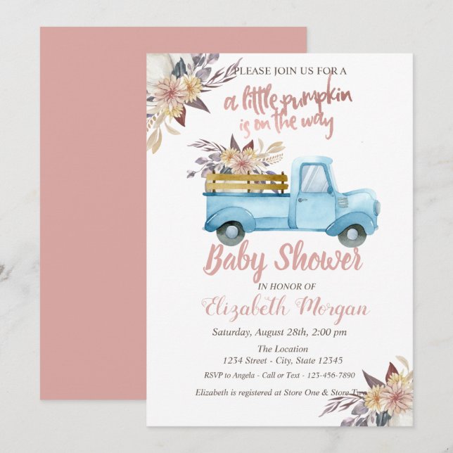 Pumpa Lastbil Blommig Roséguld Baby Shower  Inbjudningar (Fram/baksida)