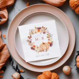 Pumpa & Lila Blommig Krans Monogram Bröllop Pappersservett