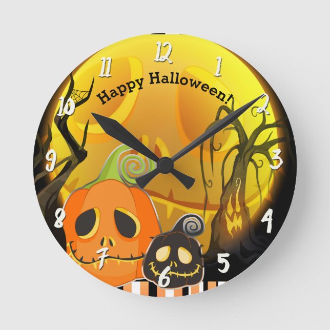 Pumpa & Måne Whimsisk Halloween Anpassning Rund Klocka (Framsida)