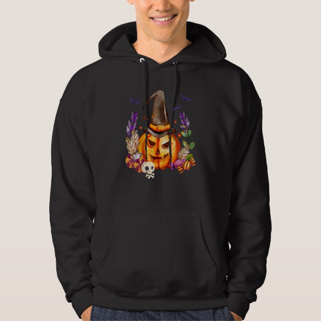 Pumpa Med Dödskalle Häxa Hatt Och Fladdermöss Hall Hoodie (Framsida)