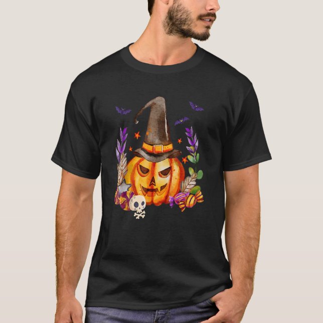 Pumpa Med Dödskalle Häxa Hatt Och Fladdermöss Hall T Shirt (Framsida)