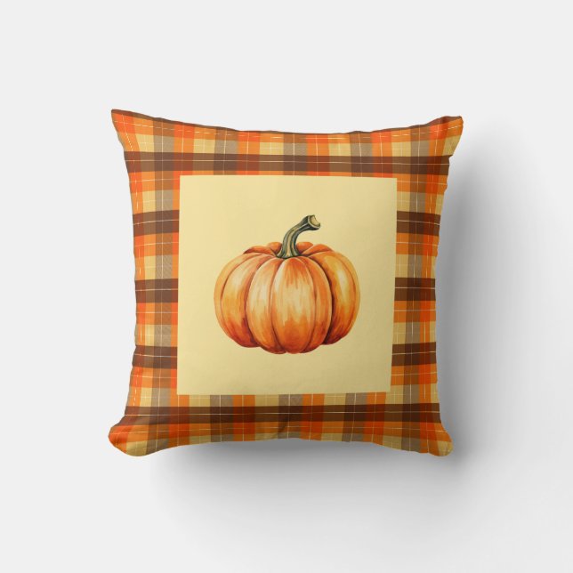 Pumpa med gårdshus mysig orange rutig höst kudde (Framsida)