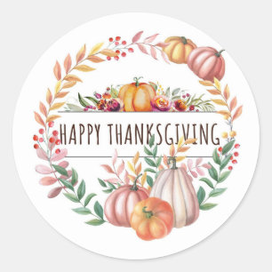 Pumpa med happy thanksgiving leafy runt klistermärke