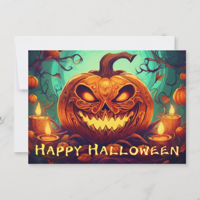 Pumpa med läskigt ansikte bland ljus, Halloween (Framsida)