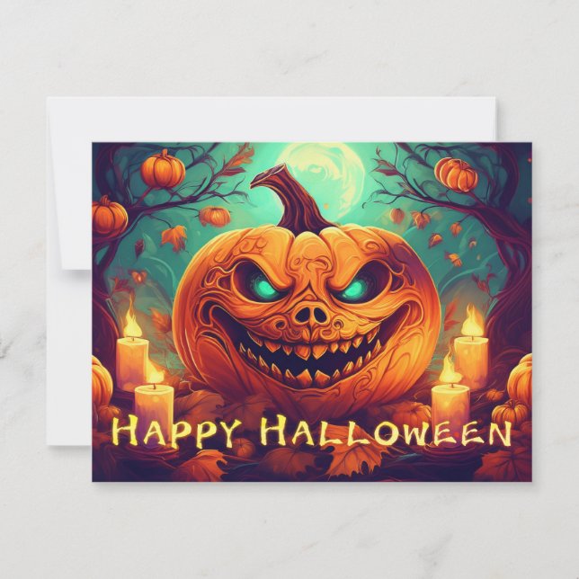 Pumpa med läskigt ansikte bland ljus, Halloween (Framsida)