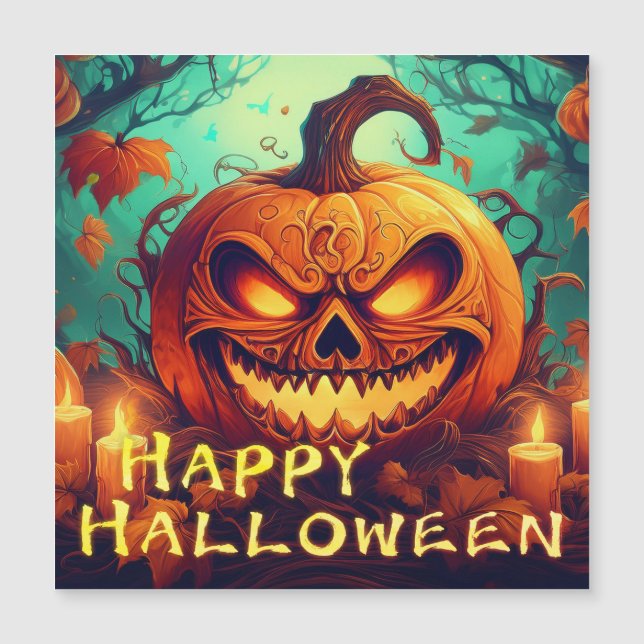 Pumpa med läskigt ansikte bland ljus, Halloween (Framsida)