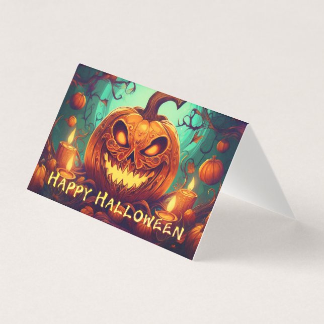 Pumpa med läskigt ansikte bland ljus, Halloween Kort (Framsida)
