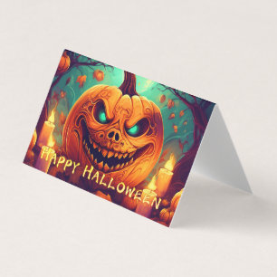Pumpa med läskigt ansikte bland ljus, Halloween Kort