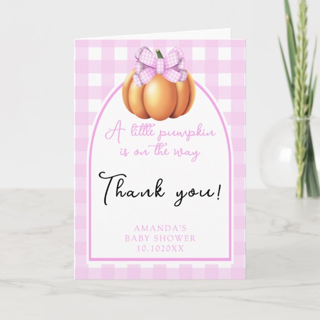 Pumpa med rosa båge baby shower tack kort (Framsida)