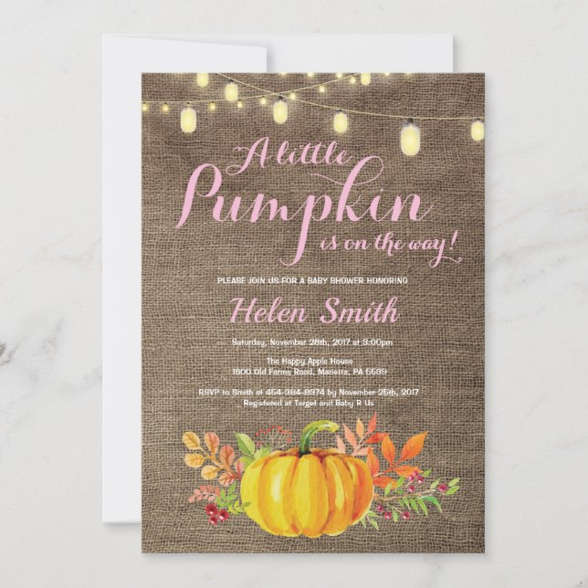 Pumpa Murkla Strängljus Burlap Baby Shower Inbjudningar (Framsida)