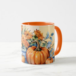 Pumpa och blommor från höstfällan med Thanksgiving Mugg