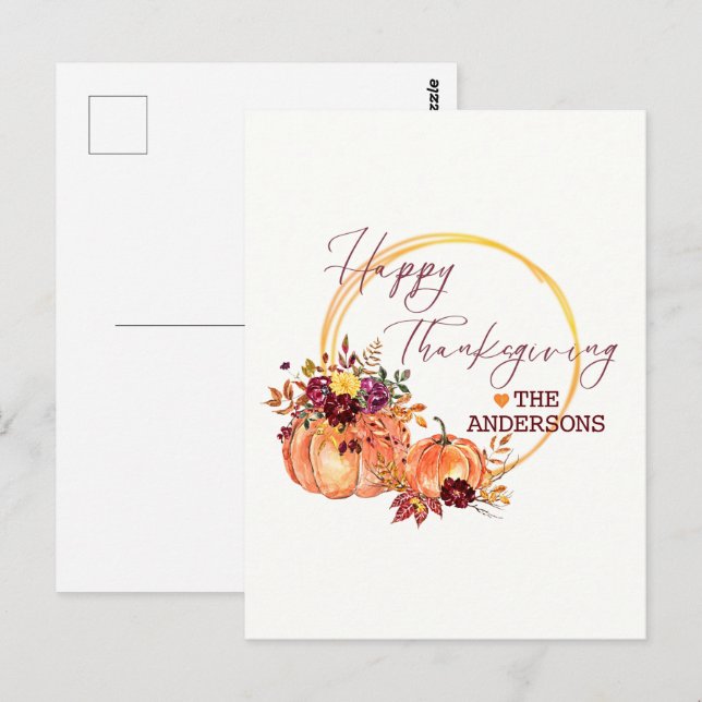 Pumpa och löv för blommigten happy thanksgiving Fa Vykort (Fram/baksida)