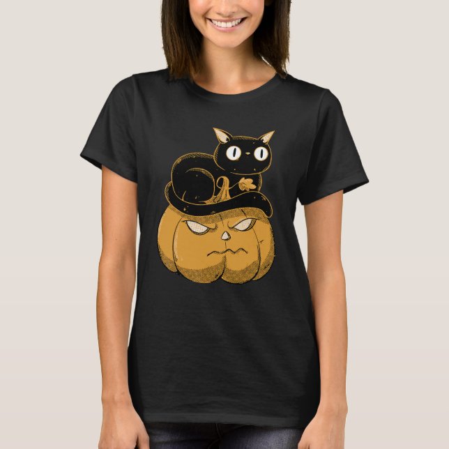 Pumpa Och Svart Katt Halloween Kitty Dräkt T Shirt (Framsida)
