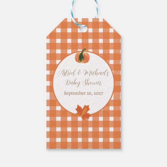Pumpa Orange Gingham Höst Bebis Bjudning Presentetikett (Framsidan)