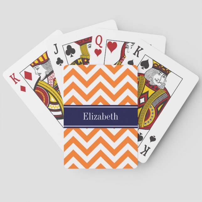 Pumpa Orange Lg Chevron Navy Namn Monogram Spelkort (Baksidan)