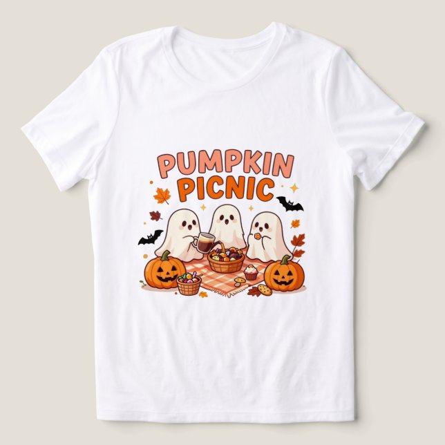 Pumpa Picknick Söt Spöke Halloween T Shirt (Design Framsida)
