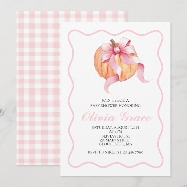 Pumpa Rosa båge Plaid baby shower Inbjudningar (Fram/baksida)