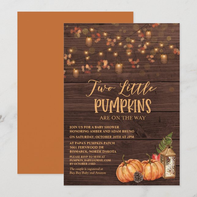 Pumpa Rustic Tvilling Bebis Shower Inbjudan (Fram/baksida)