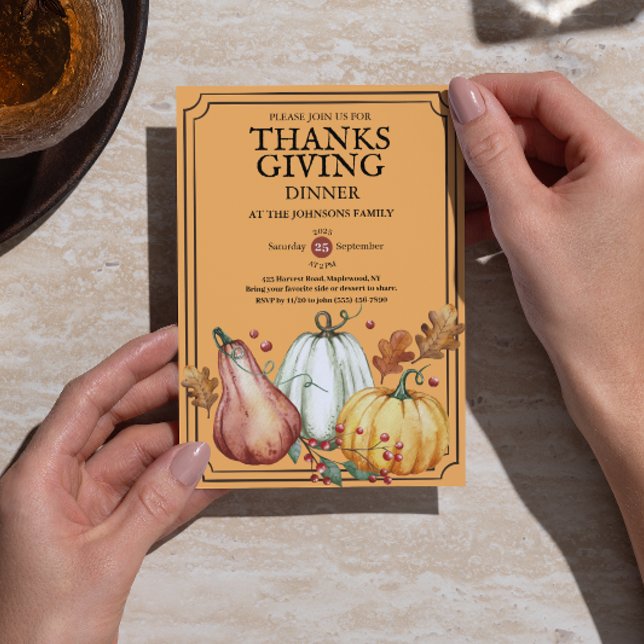 Pumpa Rustik Thanksgiving Middag Höst Aquarell Inbjudningar (Pumpkin Rustic Thanksgiving Dinner Fall Watercolor Invitation)