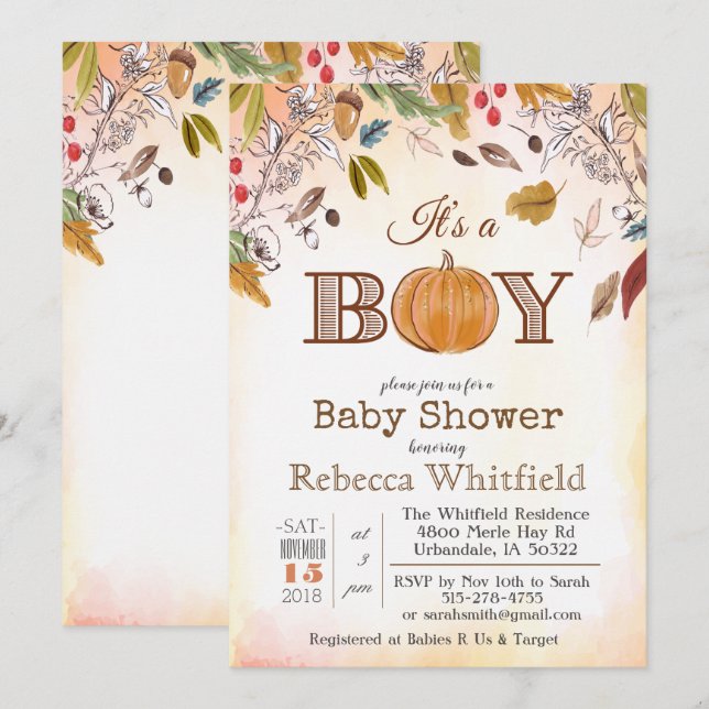 Pumpa Rustika Löv Trä Baby Shower Inbjudan (Fram/baksida)