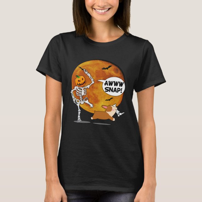 Pumpa Skelett Brutet Ben Halloween Corgi T Shirt (Framsida)