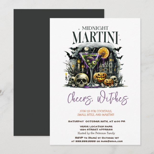 Pumpa Skelett Martini Halloweenfest Inbjudningar (Fram/baksida)