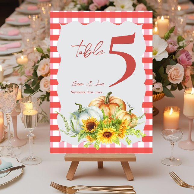 Pumpa Solros Höst Bröllops Bord Nummer Tack Kort (Pumpkins Sunflowers Fall Wedding Table Number)