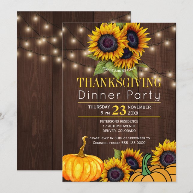 Pumpa Solrosar Rustik Lada Trä Thanksgiving Inbjudningar (Fram/baksida)