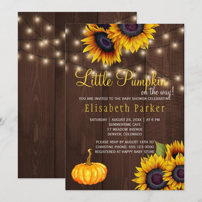 Pumpa Solrosor Rustik Lada Trä Baby Shower Inbjudningar (Fram/baksida)