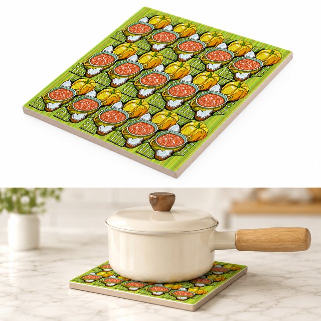Pumpa, Soppa och Randig Bakgrund Kakelplatta (Pumpkins, Soup and Striped Background Tile)