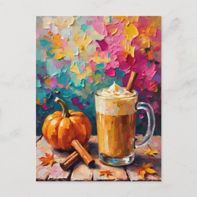 Pumpa Spice Latte På En Färgglad Bakgrund Vykort (Framsida)