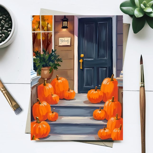 Pumpa Steg Höst Autumn Orange Akvarell Vykort (Skapare uppladdad)