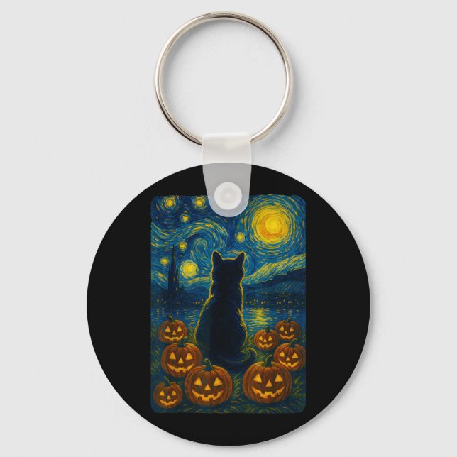 Pumpa Svart Katt Halloween Van Gogh Stjärnklar Nat Nyckelring (Framsida)