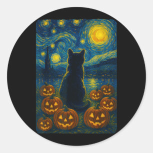 Pumpa Svart Katt Halloween Van Gogh Stjärnklar Nat Runt Klistermärke