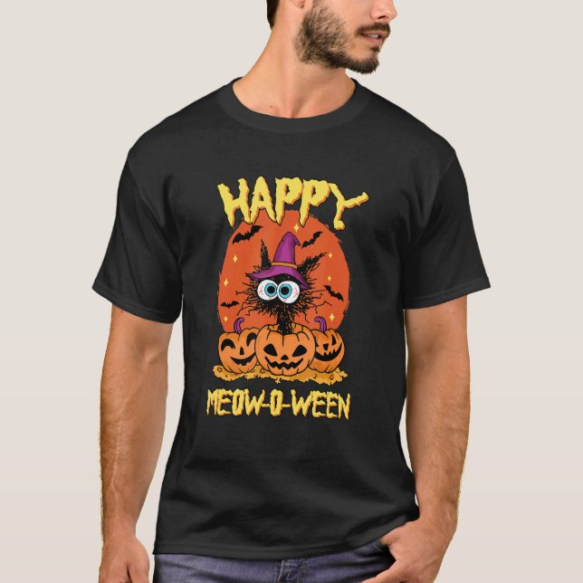 Pumpa Svart Katt Måne Glad Meow O Ween Halloween T Shirt (Framsida)