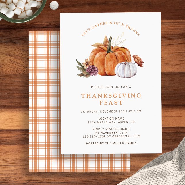 Pumpa Thanksgiving Inbjudningar (Rustic fall pumpkin Thanksgiving dinner party invite, watercolor autumn florals by Painted Paper)