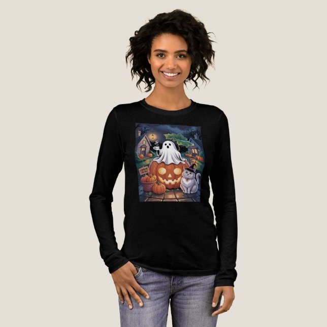 Pumpa Till Salu & Kaffeande Spöke & Katt T Shirt (Hel framsida)