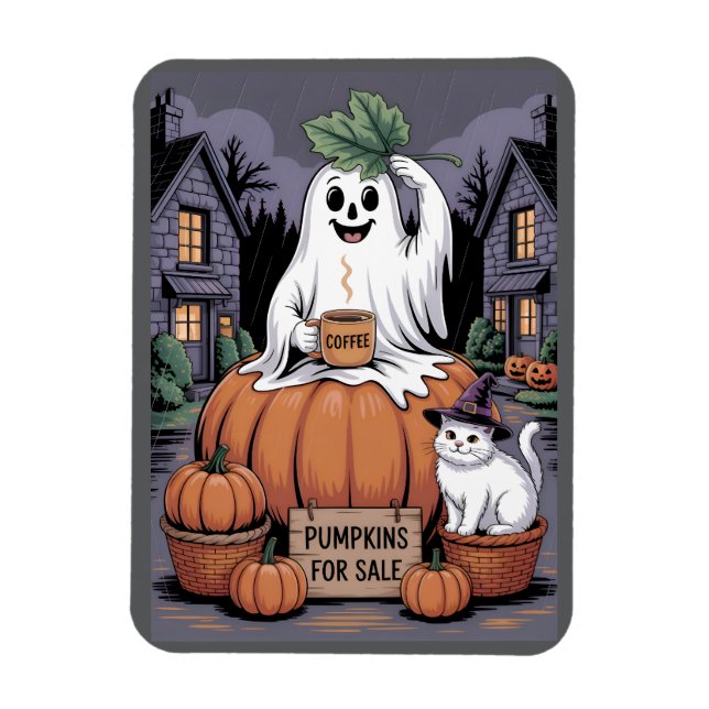 Pumpa Till Salu & Kaffeande Spöke & Katt V2 Magnet (Vertikal)