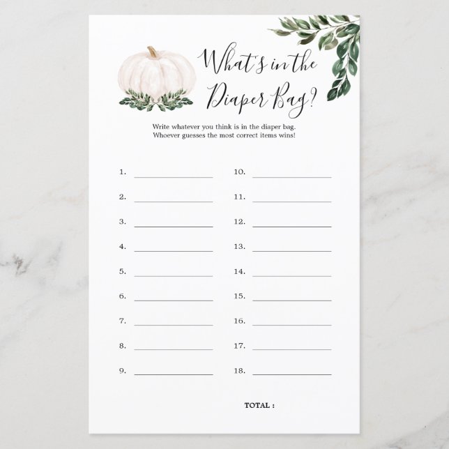 Pumpa Vad Finns I Blöjbagen Bebis Shower Spel (Framsida)