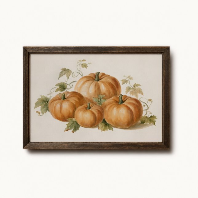 Pumpa Vine Vattenfärg Skördeaffisch Poster (Pumpkin Vine Harvest Poster - close-up view (frame/decor not included))