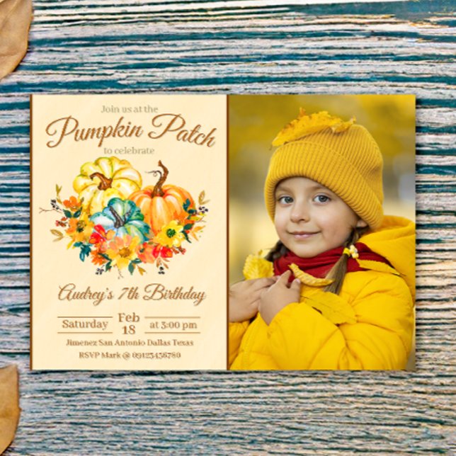 Pumpafältsfödelsedag med foto inbjudningar (Pumpkin Patch Birthday with Photo Picture Landscape Invitation)