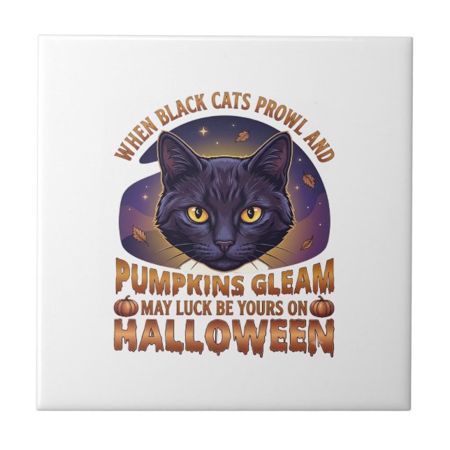 Pumpalistrande Halloween Svart Katt Fallande Löv_ Kakelplatta (Framsidan)