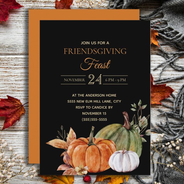 Pumpas Svarta Vännernas Tackfest  Inbjudningar (Elegant orange and white pumpkins on black Friendsgiving Feast invitation)