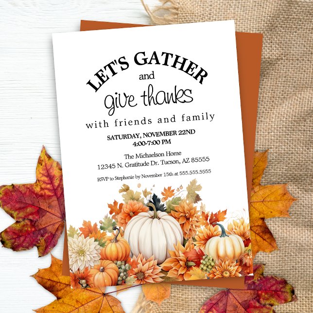 Pumpdockan för hösten tar emot Thanksgiving Inbjudningar (Rustic fall leaves and pumpkin theme let's gather give thanks Autumn Thanskgiving Invitation)